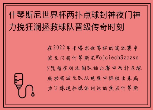 什琴斯尼世界杯两扑点球封神夜门神力挽狂澜拯救球队晋级传奇时刻