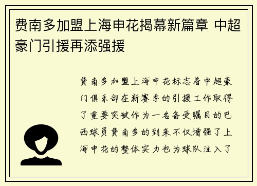 费南多加盟上海申花揭幕新篇章 中超豪门引援再添强援